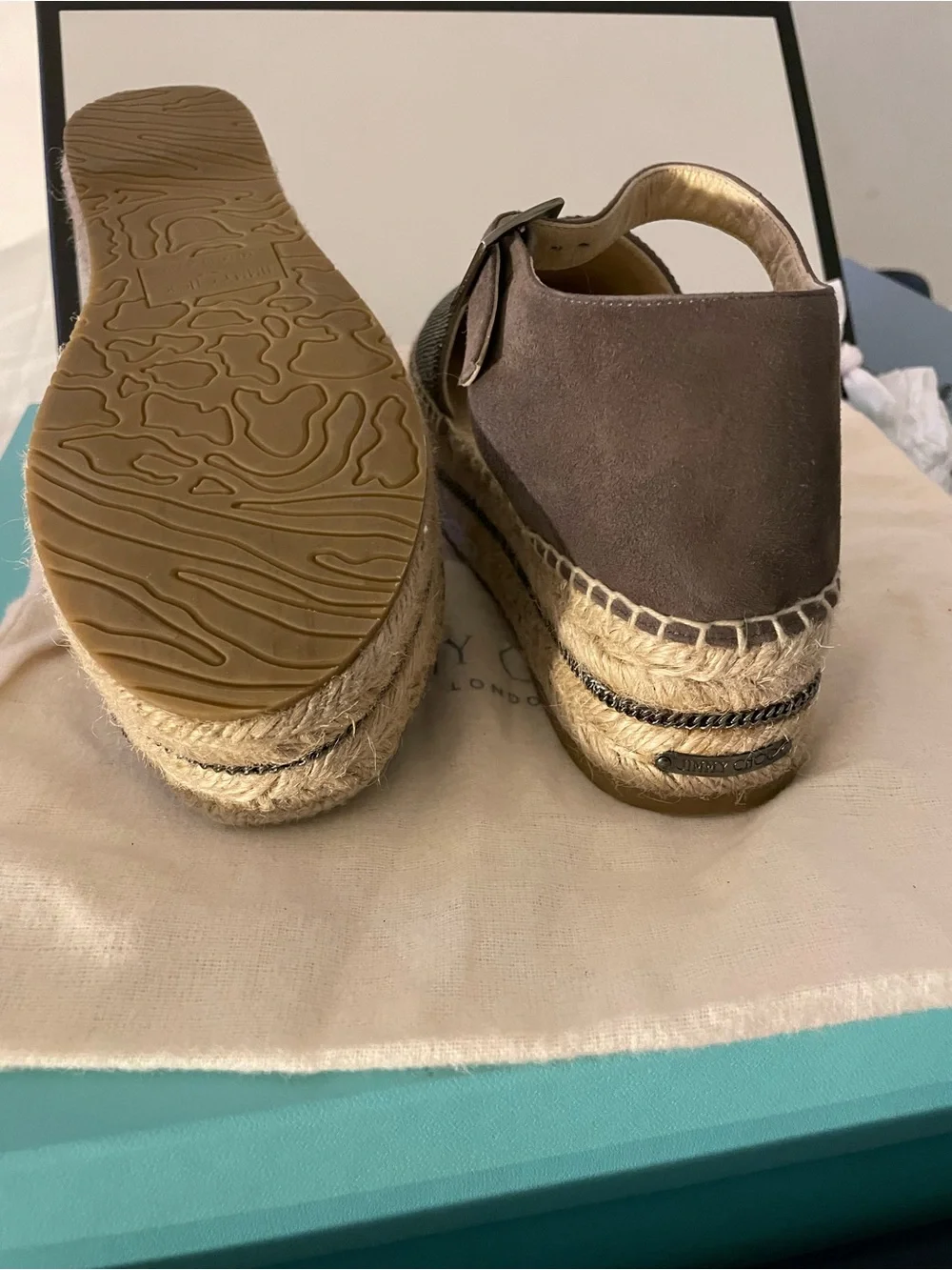 Jimmy Choo Olive Green Suede Delphine Ankle Strap Espadrille Platform Sandals